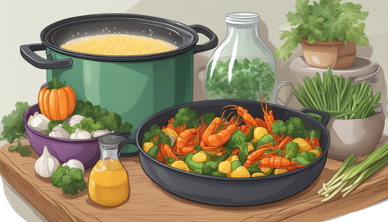 A pot of boiling water with vegetables and seasoning, ready for adding crawfish substitutes