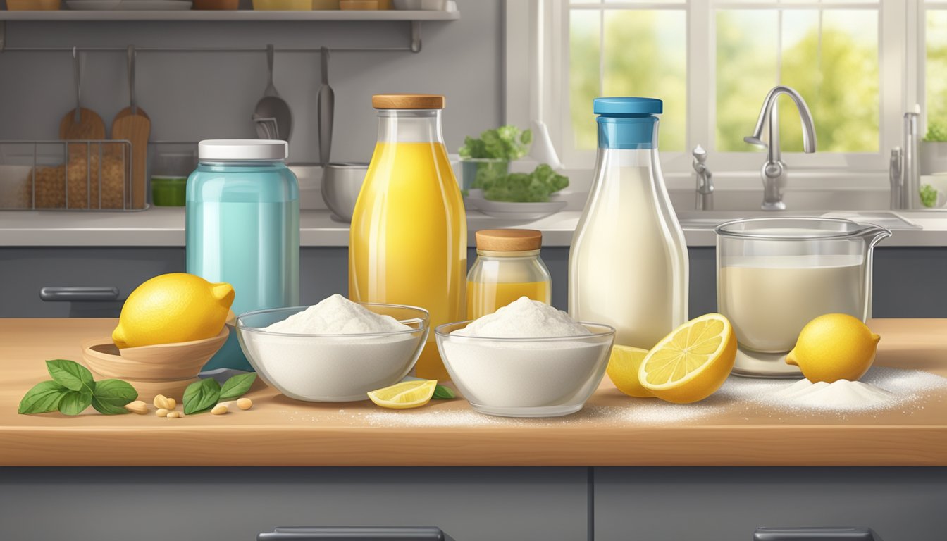 A kitchen counter with various baking ingredients and utensils, including cream of tartar substitutes like lemon juice, white vinegar, or baking powder