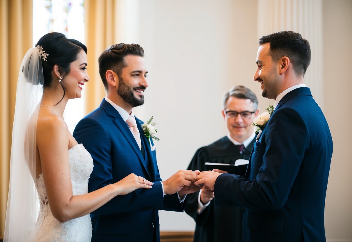 A celebrant stands before a couple exchanging vows, while an officiant presides over a legal marriage ceremony