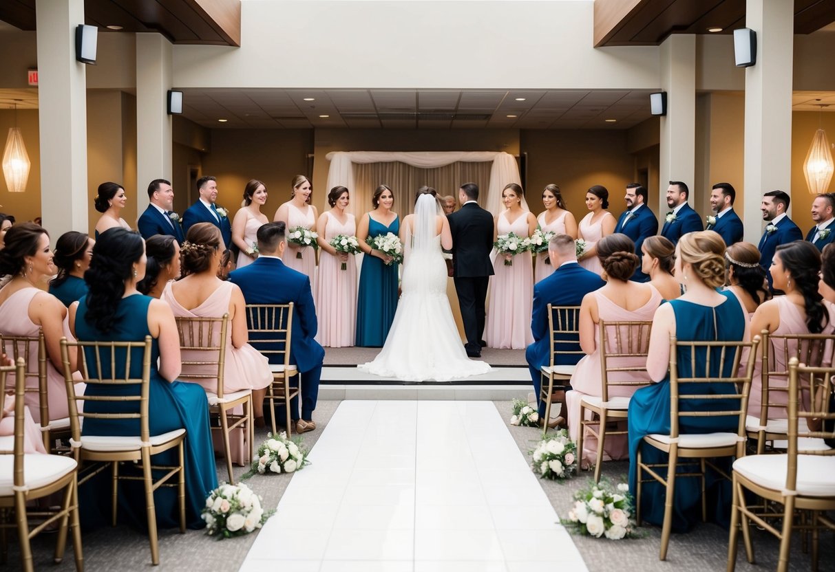 Bridesmaids sit in rows of chairs at the front of the ceremony space, facing the altar. After the ceremony, they gather with the wedding party for photos and then proceed to the reception area for festivities
