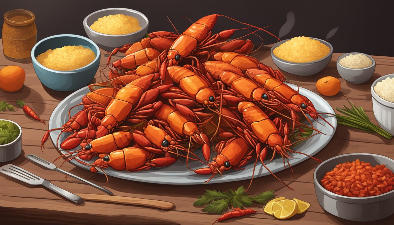 A pile of crawfish substitutes stacked on a wooden table, surrounded by various ingredients and cooking utensils