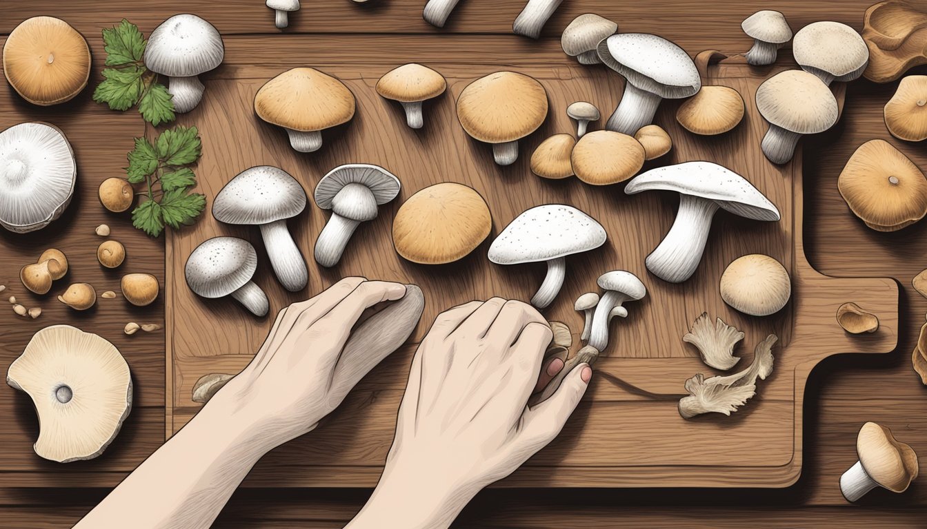 A hand reaching for cremini mushrooms, with other mushroom options nearby on a wooden cutting board