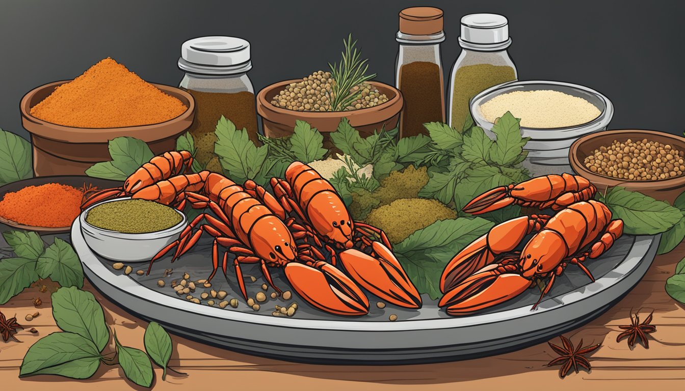 A table spread with various spices, herbs, and seasonings next to a pile of fresh crawfish, ready to be used as substitutes for enhancing the flavor profile