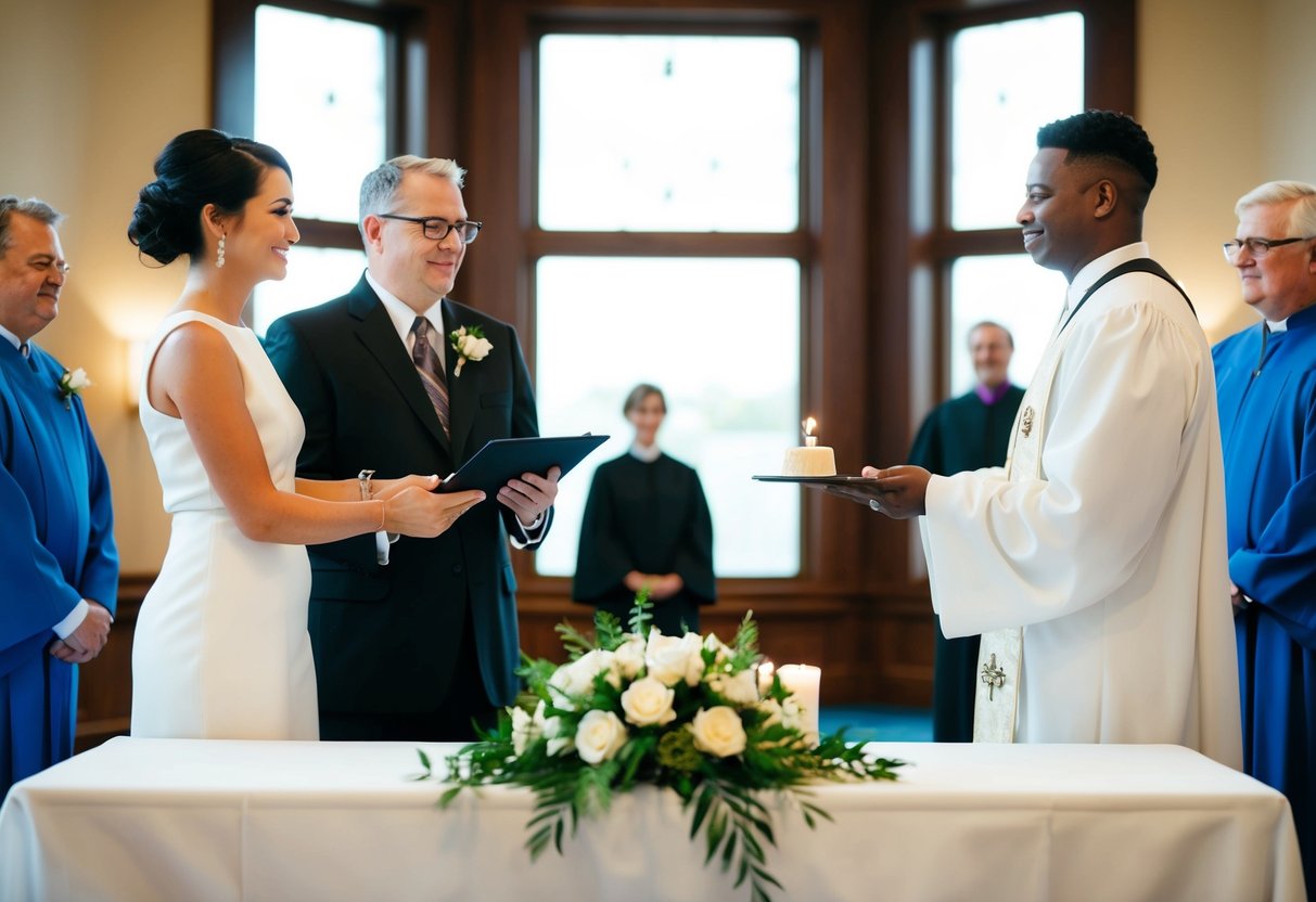 A celebrant and an officiant stand on opposite sides of a ceremonial table, each holding a symbolic item representing their respective roles