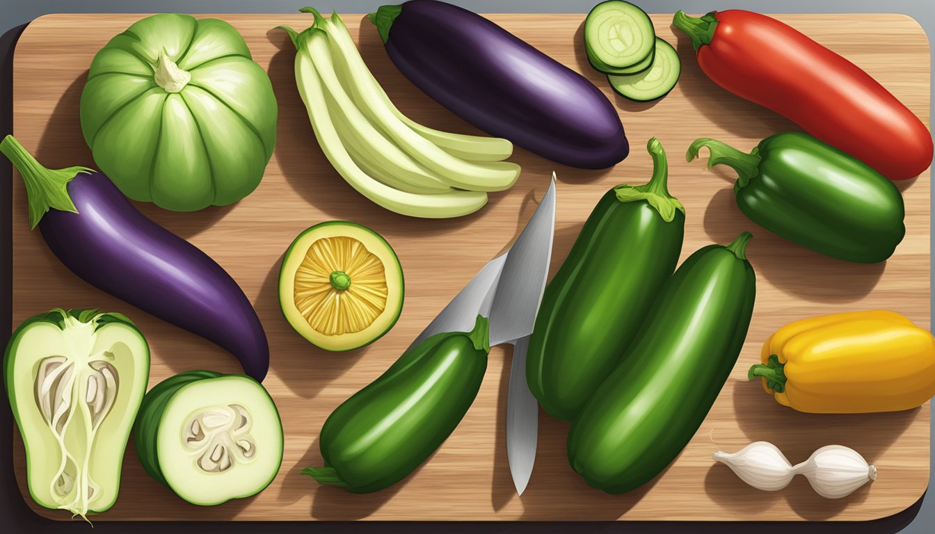 A variety of non-mushroom alternatives like eggplant, zucchini, and bell peppers arranged on a cutting board