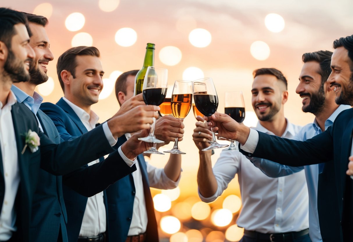 A group of men celebrating, raising glasses in a toast