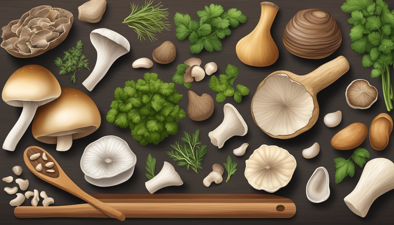 A variety of cremini mushroom substitutes, such as portobello, shiitake, and oyster mushrooms, arranged on a wooden cutting board with fresh herbs and spices