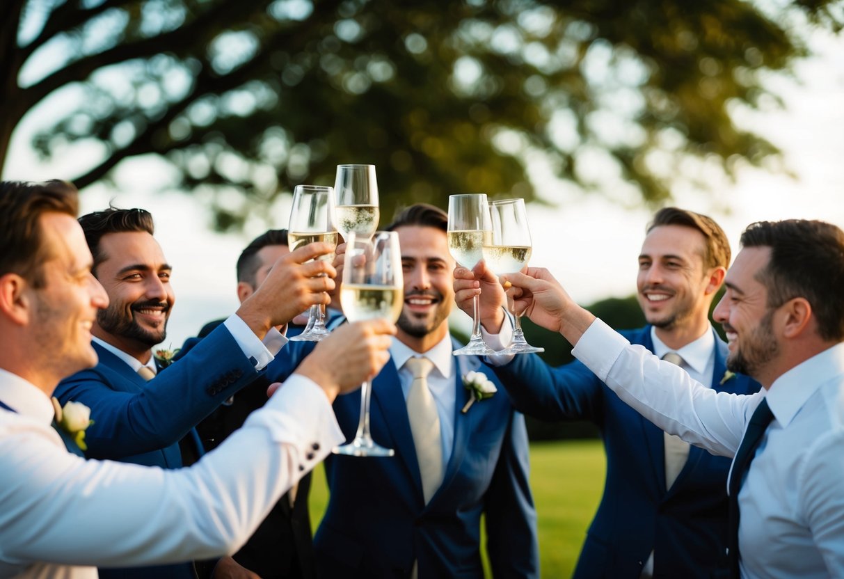 A group of men cheerfully raise their glasses in a toast, celebrating the groom's upcoming wedding