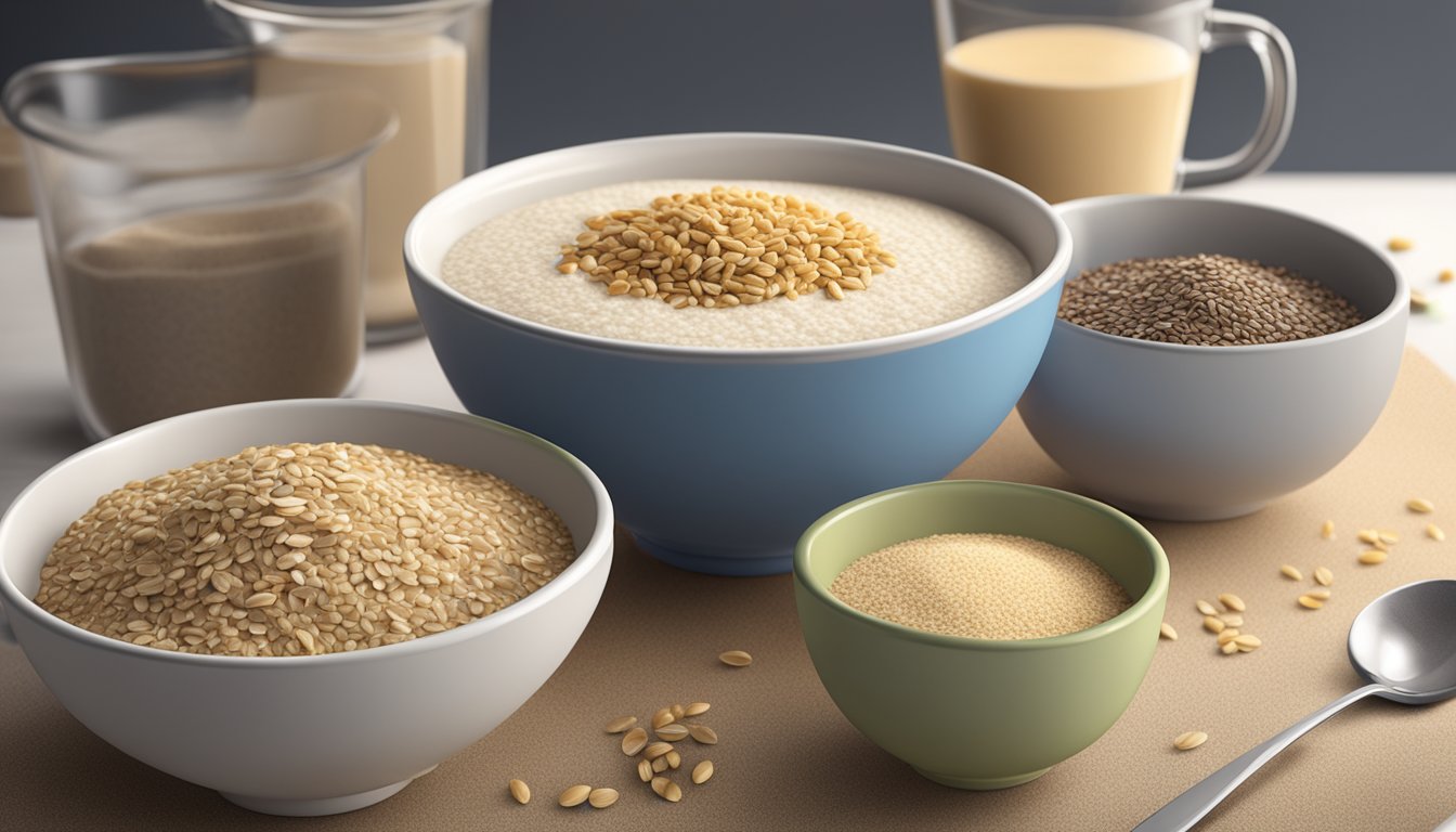 A bowl of cream of wheat next to bowls of oatmeal and quinoa, with measuring cups of each grain nearby