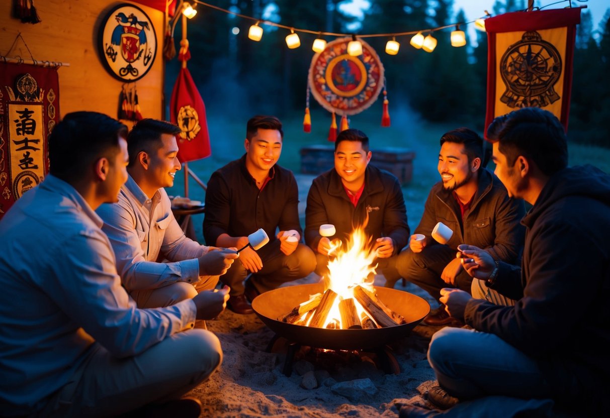 A group of men gather around a campfire, toasting marshmallows and sharing stories. They are surrounded by traditional symbols and artifacts, creating a warm and nostalgic atmosphere