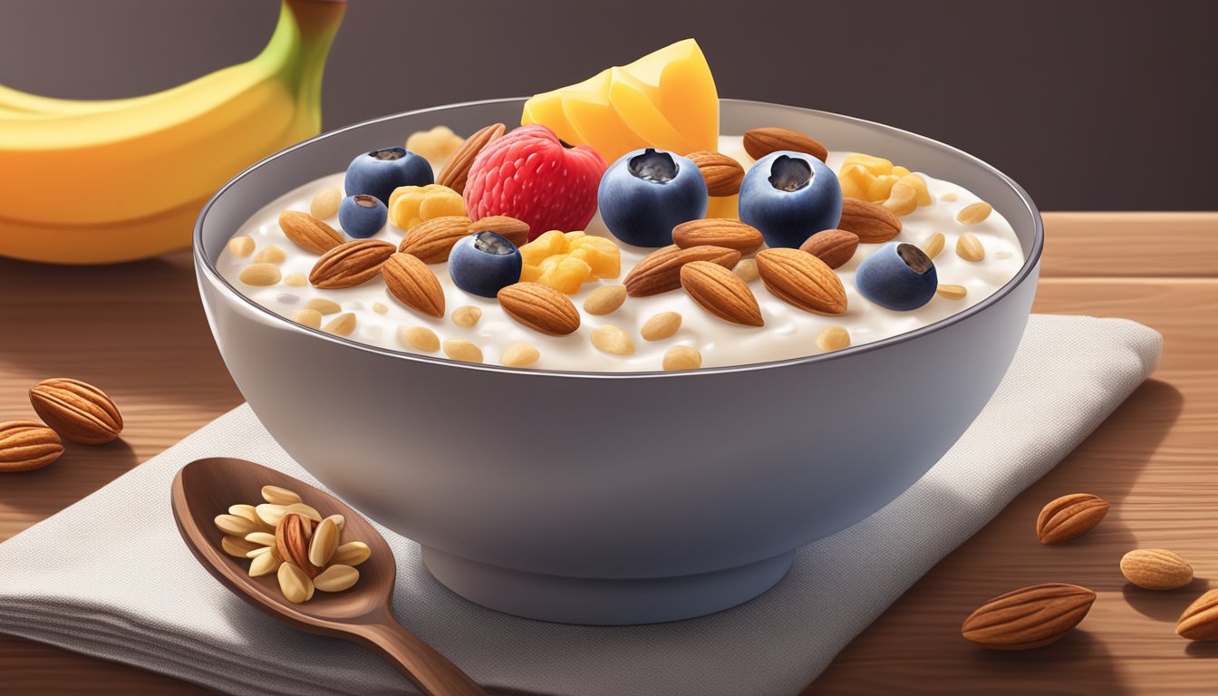 A bowl of hot cereal with a creamy texture, topped with fruit and nuts, sitting on a wooden table next to a spoon