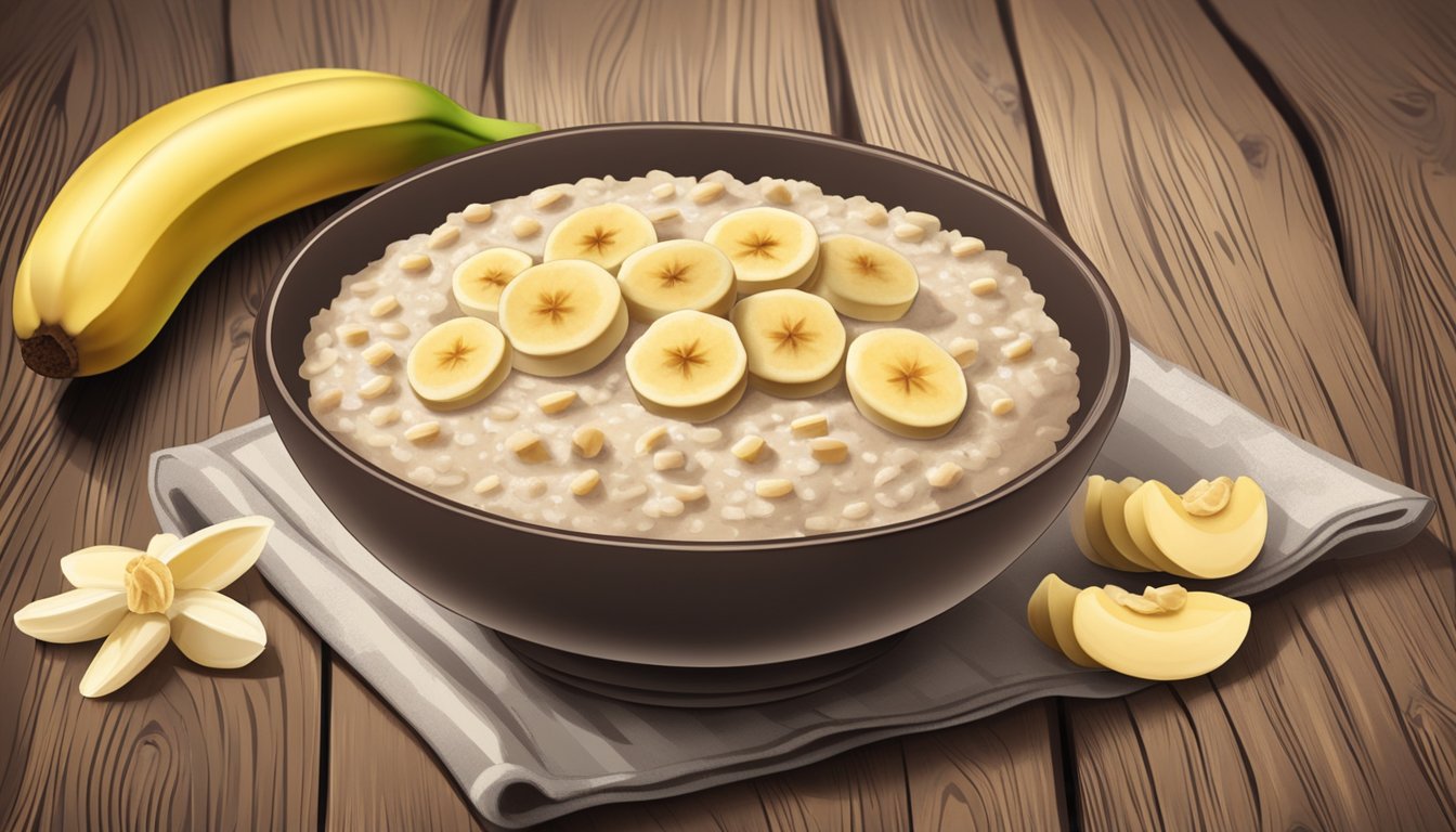 A bowl of creamy oatmeal with a sprinkle of cinnamon and sliced bananas on top, sitting on a rustic wooden table