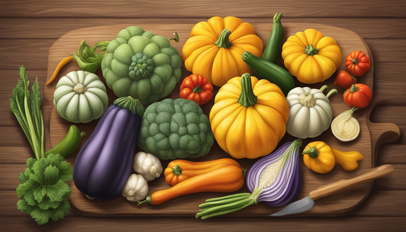 A vibrant crookneck squash surrounded by other colorful vegetables on a rustic wooden cutting board