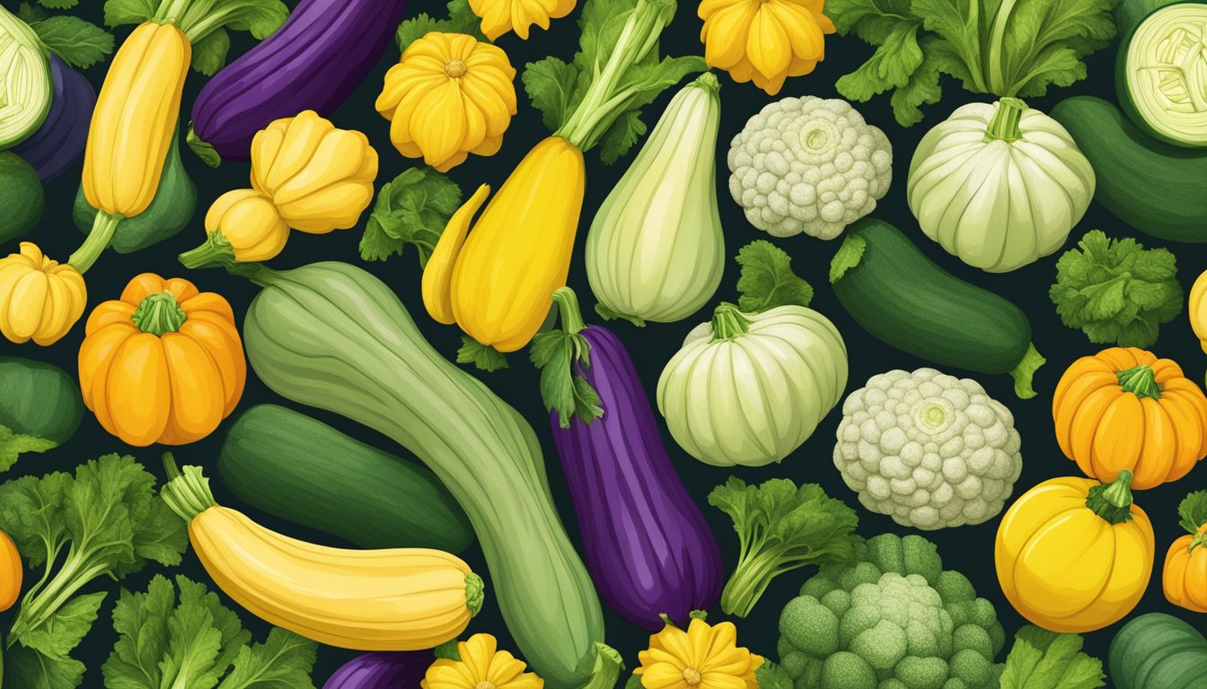 A variety of alternative vegetables arranged in a colorful display, including zucchini, pattypan squash, and yellow summer squash