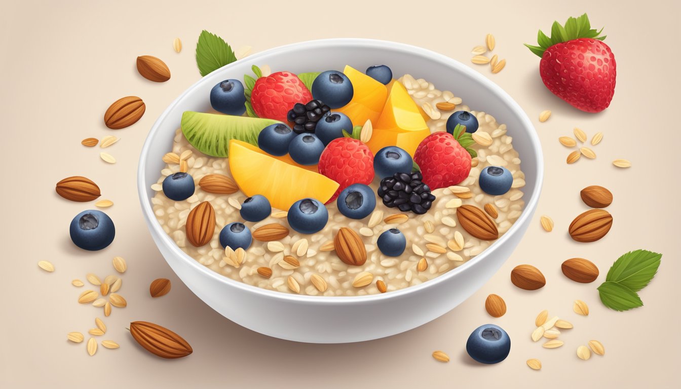 A bowl of oatmeal topped with fresh fruit and nuts, surrounded by a variety of alternative grains and seeds