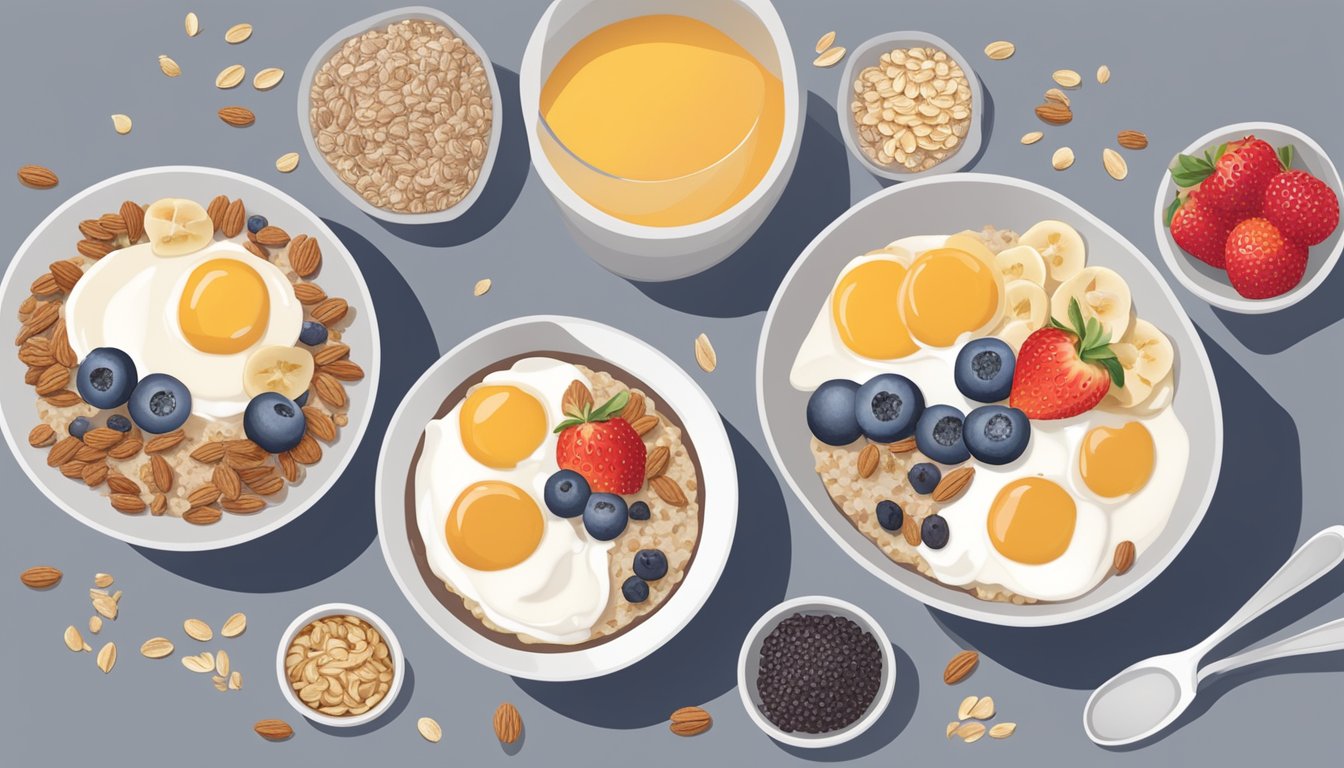 A table with a variety of breakfast options: oatmeal, yogurt, fruit, granola, and chia seeds