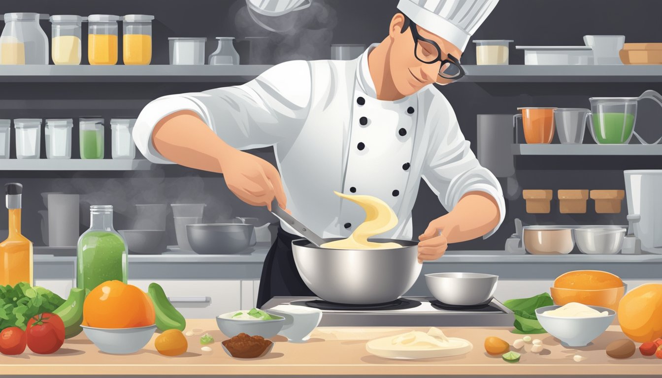 A chef pours a creamy alternative into a measuring cup, while various ingredients and utensils sit on the kitchen counter