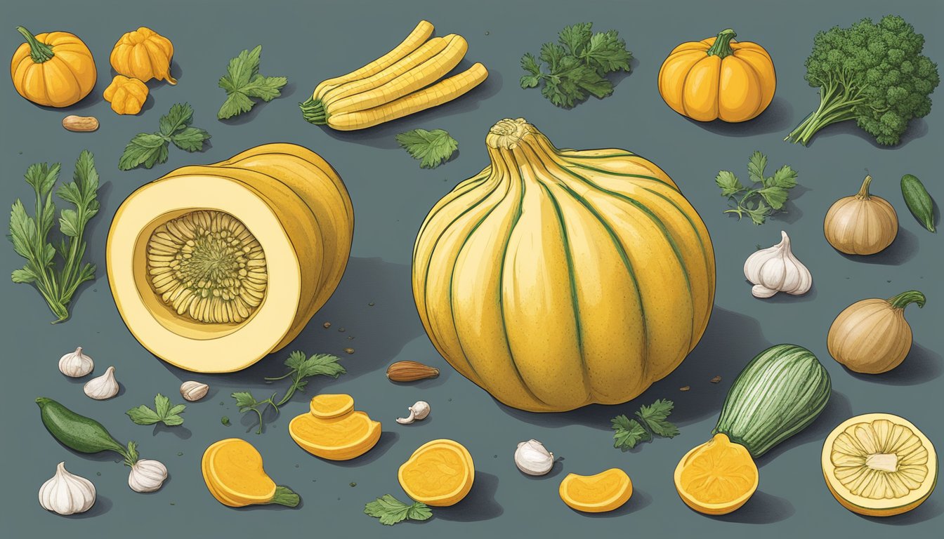 A crookneck squash being sliced and paired with various ingredients like herbs, spices, and other vegetables to explore flavor combinations