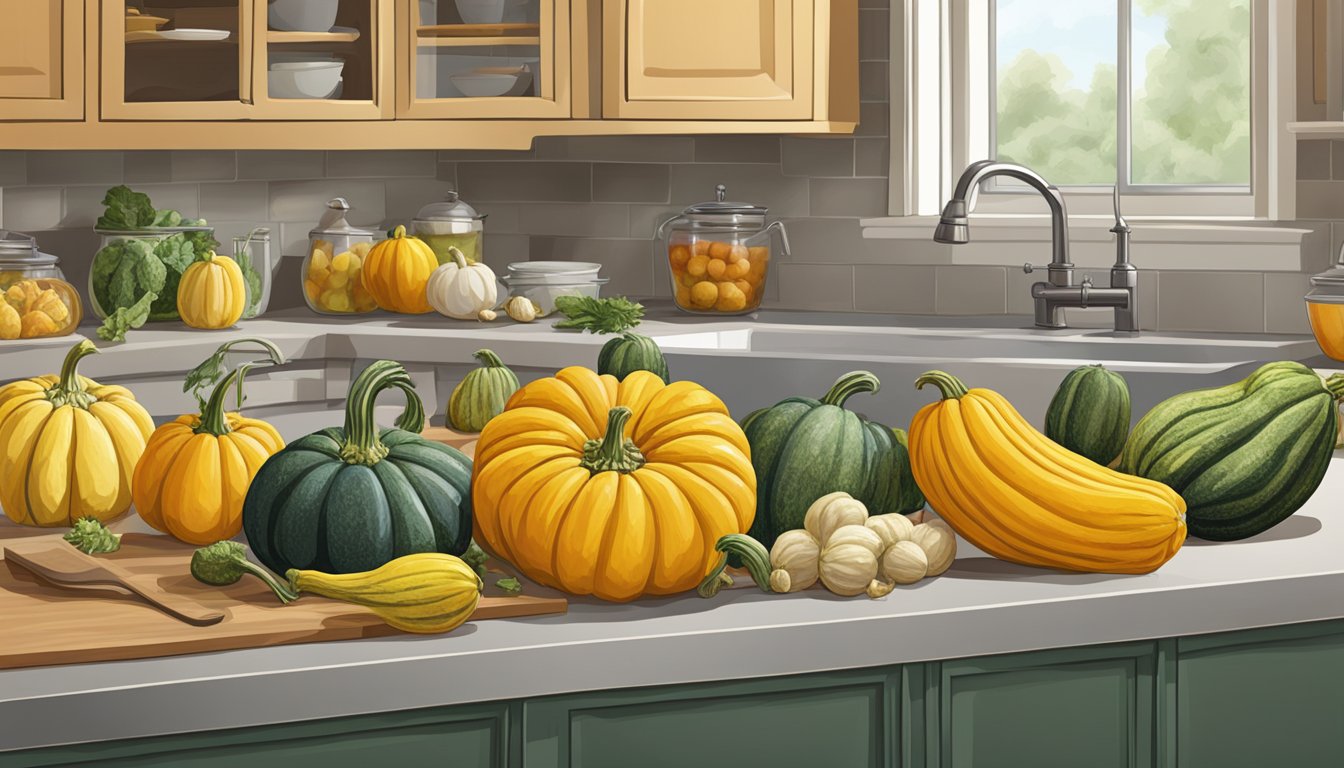 A colorful array of crookneck squash and various substitute options displayed on a kitchen counter