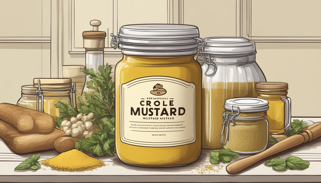 A jar of creole mustard surrounded by various alternative ingredients like Dijon mustard, white wine vinegar, and brown sugar on a kitchen counter