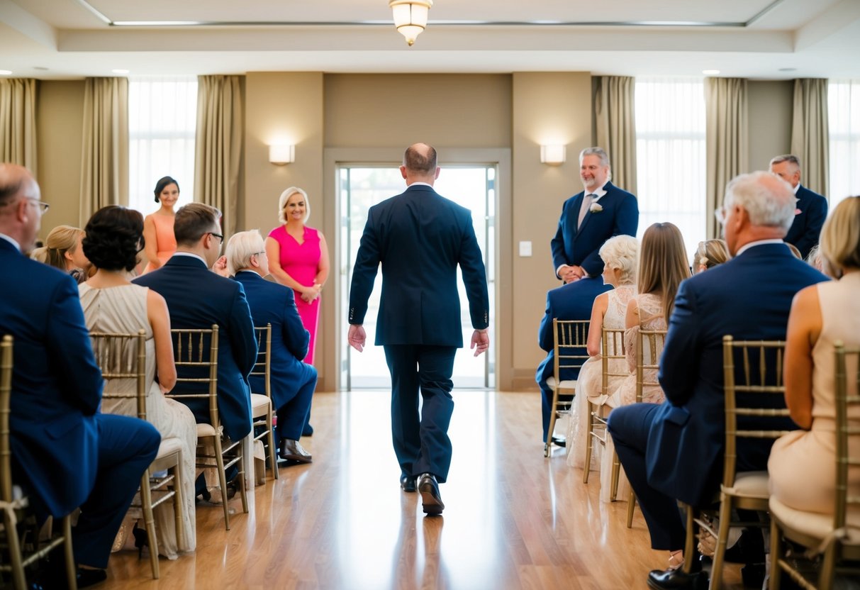 The officiant enters the room first, walking confidently towards the center of the space