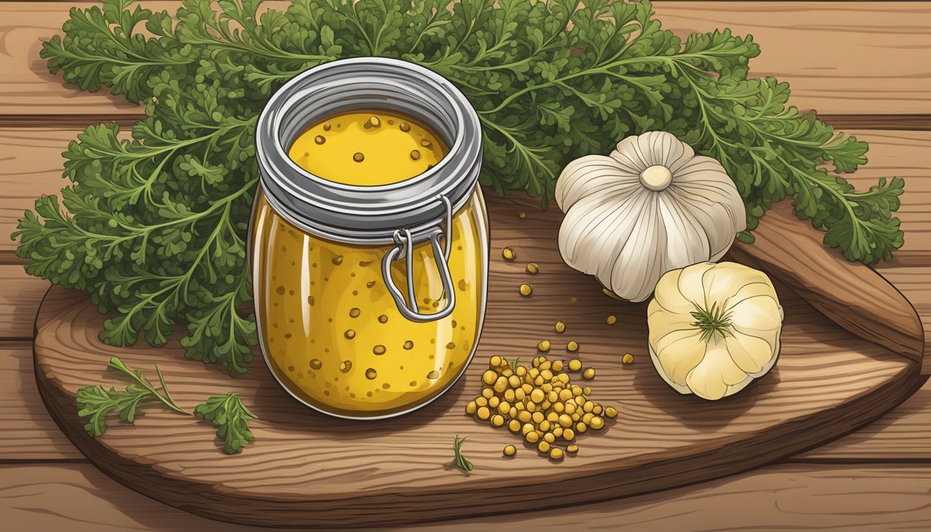 A jar of creole mustard surrounded by whole mustard seeds, garlic cloves, and a sprig of fresh thyme on a wooden cutting board