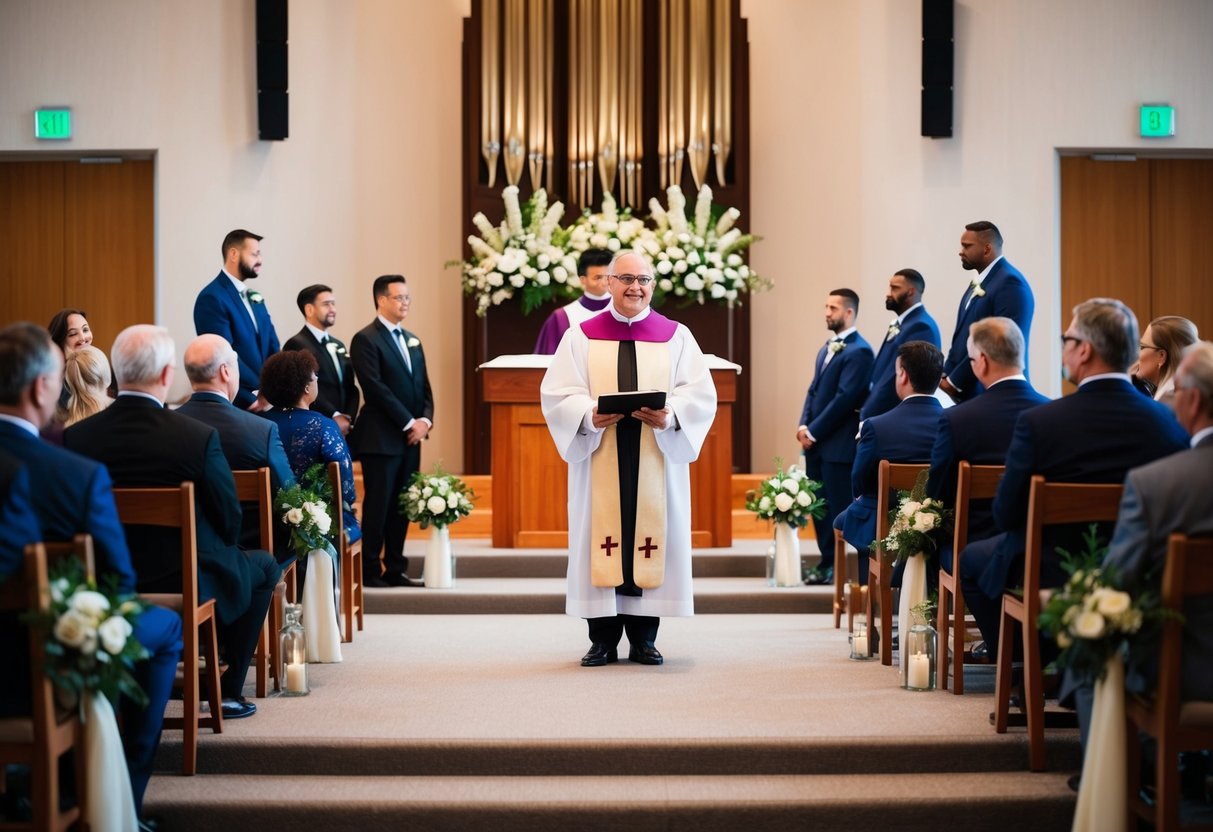 The officiant stands at the front of the ceremonial space, ready to lead the proceedings