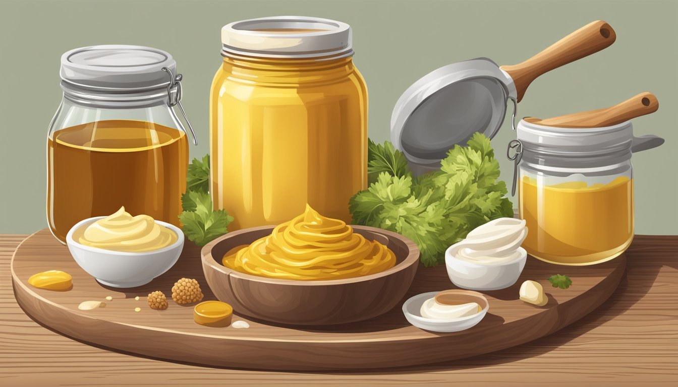 A jar of creole mustard surrounded by various ingredients like honey, mayonnaise, and vinegar on a wooden cutting board