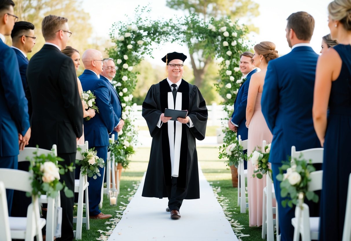 The officiant leads the wedding processional, walking down the aisle before the rest of the wedding party