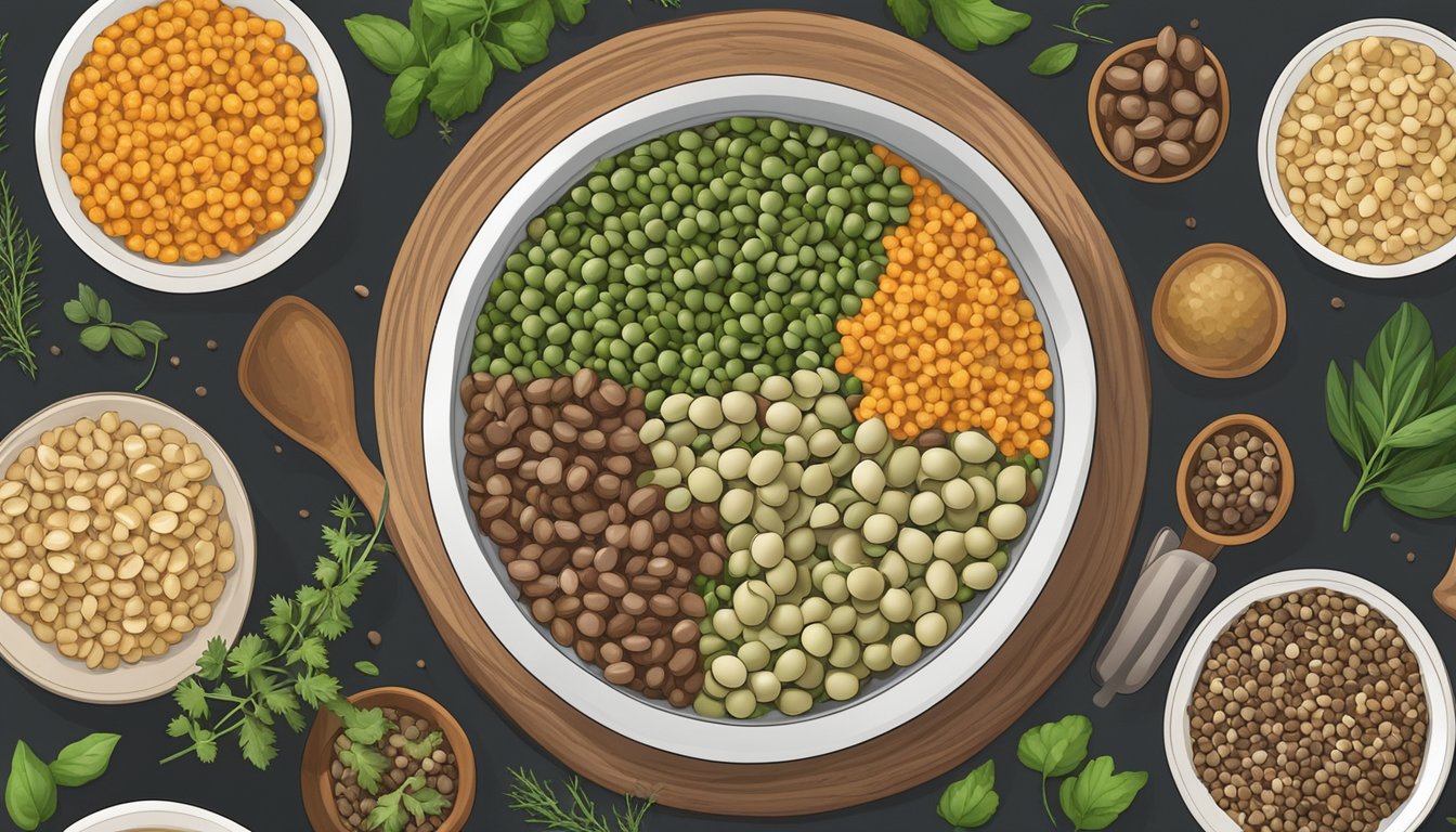 A bowl of crowder peas surrounded by alternative substitutes like black-eyed peas and lentils, with a variety of fresh herbs and spices