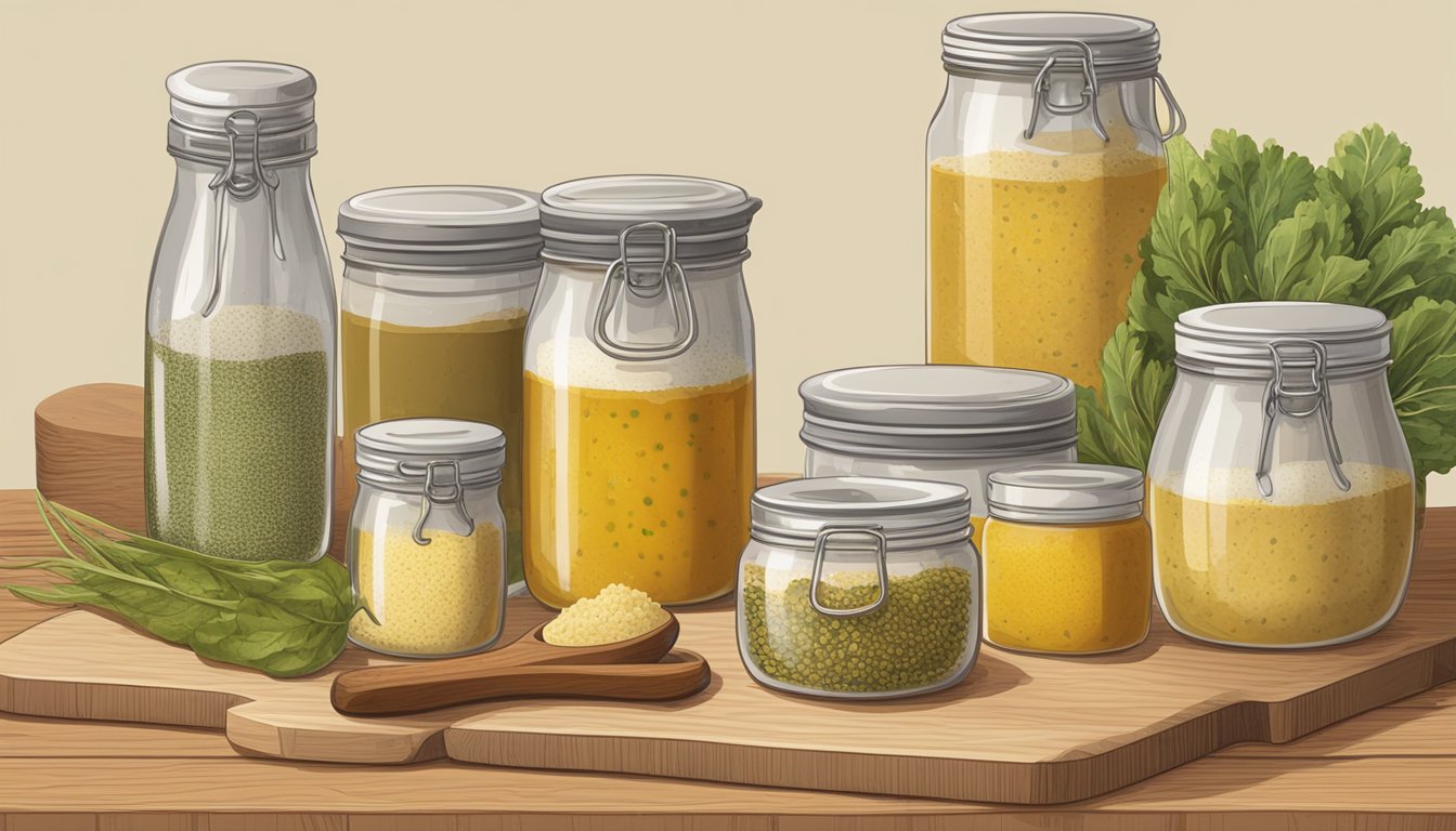 A jar of creole mustard sits next to a variety of international and specialty substitutes on a wooden cutting board