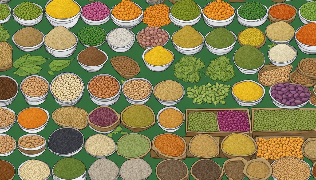 A variety of legume-based substitutes, including crowder peas, arranged in a colorful and appealing display