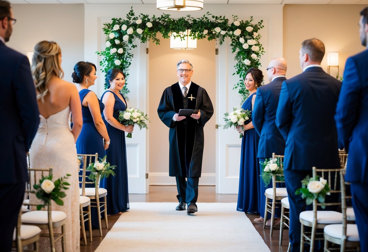 The officiant enters the venue ahead of the bridal party, walking with purpose towards the ceremony space