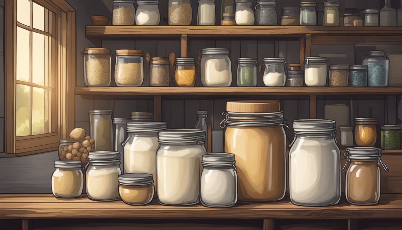 A jar of creme fraiche sits on a wooden shelf next to various jars and containers of alternative dairy products. The room is cool and dimly lit, with a rustic, farmhouse aesthetic