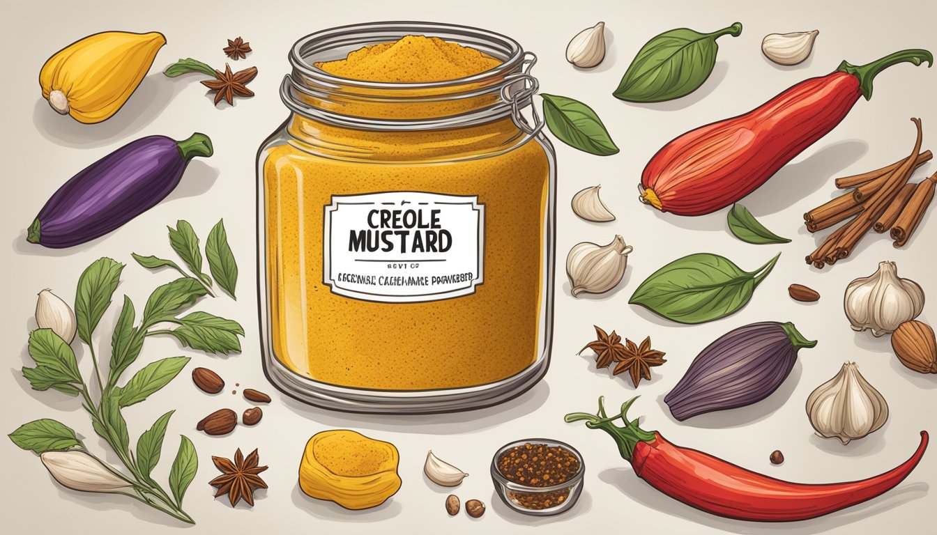 A jar of creole mustard sits surrounded by various spices and flavorings, including paprika, cayenne pepper, and garlic powder