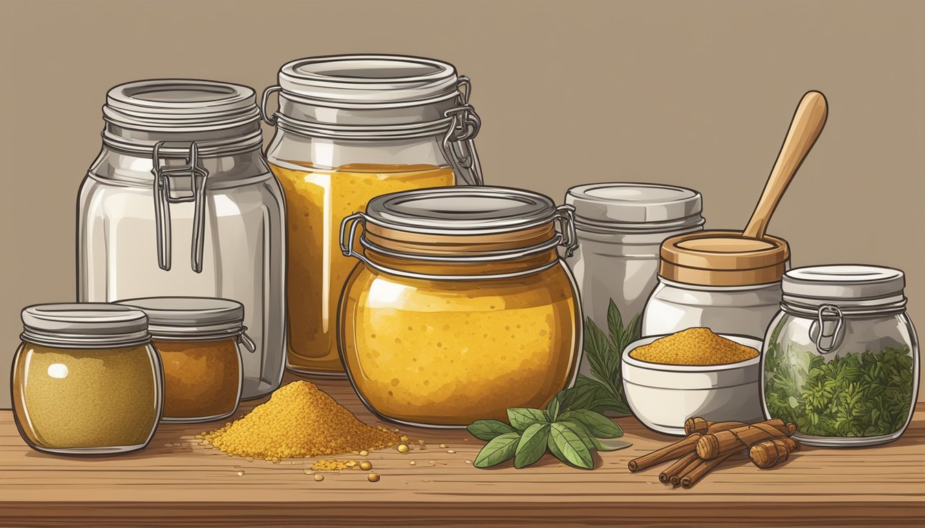 A jar of creole mustard surrounded by various alternative ingredients like honey, vinegar, and spices on a kitchen countertop