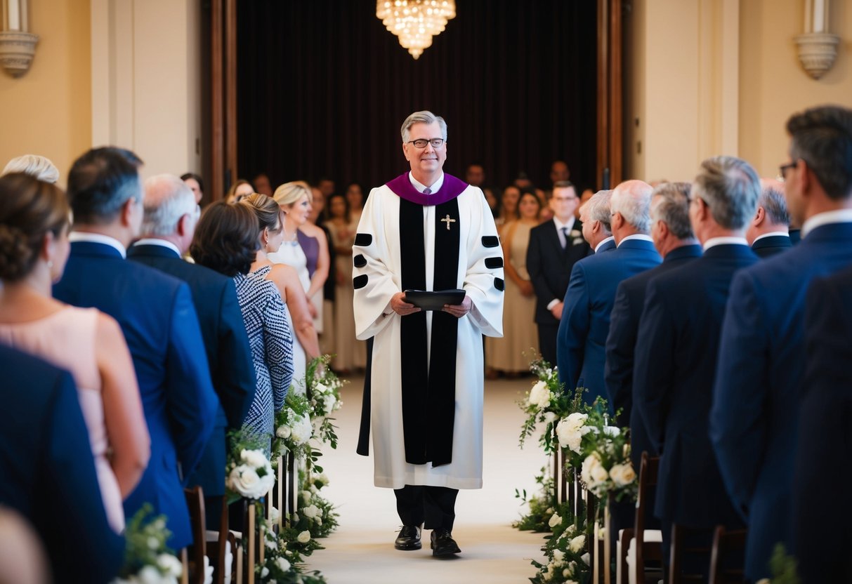 The officiant enters the ceremony first, standing at the front of the gathering with a dignified presence