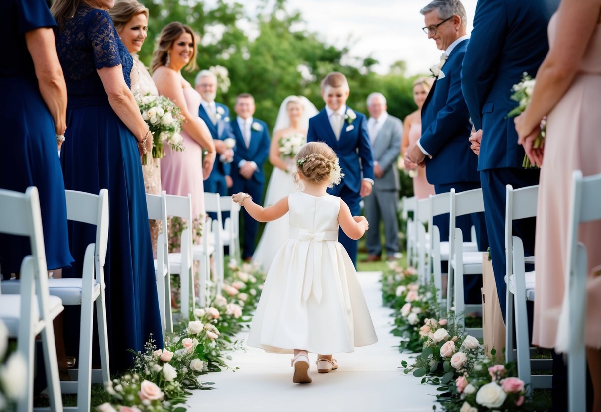 A child leads the bride down the aisle, surrounded by flowers and guests