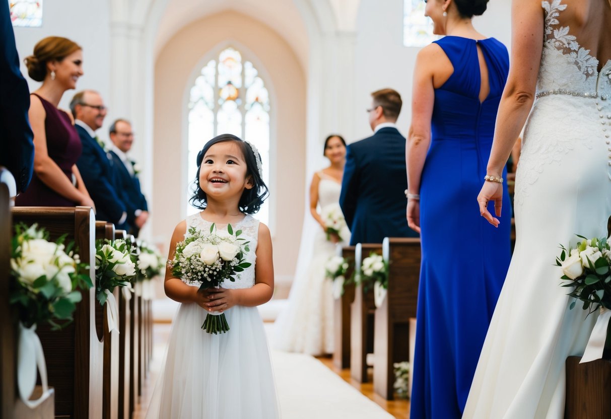 A child stands at the altar, holding a bouquet and smiling as the bride walks towards them. The child looks up at the bride with joy and anticipation