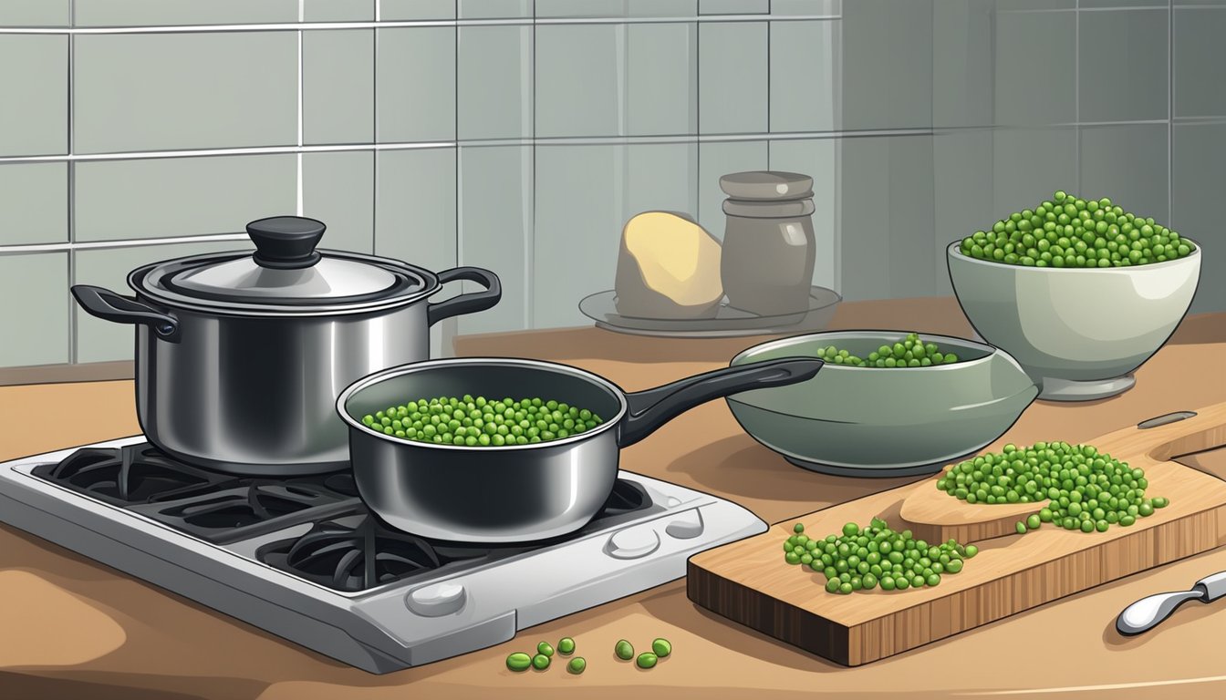 A pot of crowder peas simmers on the stove, while a bowl of substitute peas sits nearby. A chef's knife and cutting board are ready for preparation