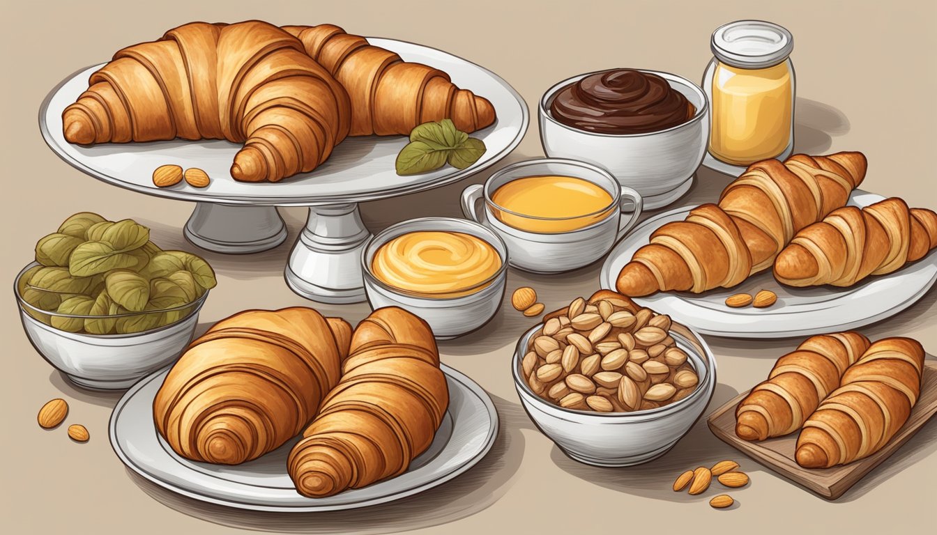 A table with a variety of croissants and croissant substitutes, such as pain au chocolat, almond croissants, and savory options like ham and cheese croissants