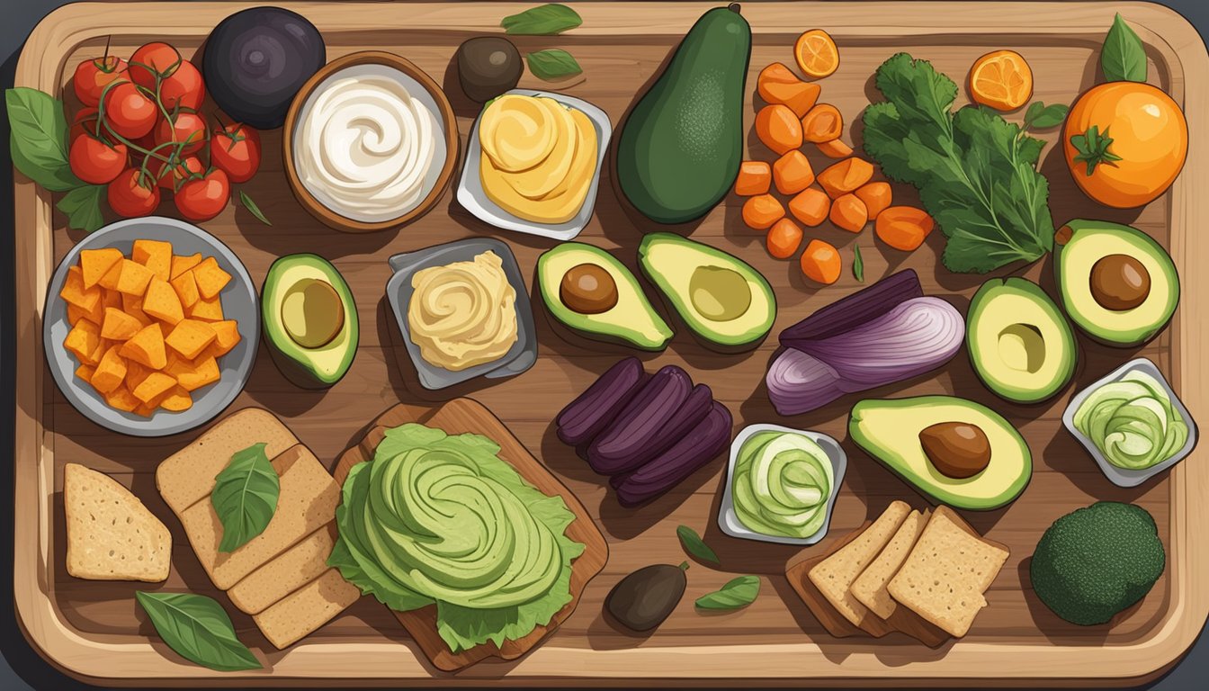 A colorful array of alternative crostino options, including avocado, hummus, and roasted vegetables, arranged on a wooden cutting board