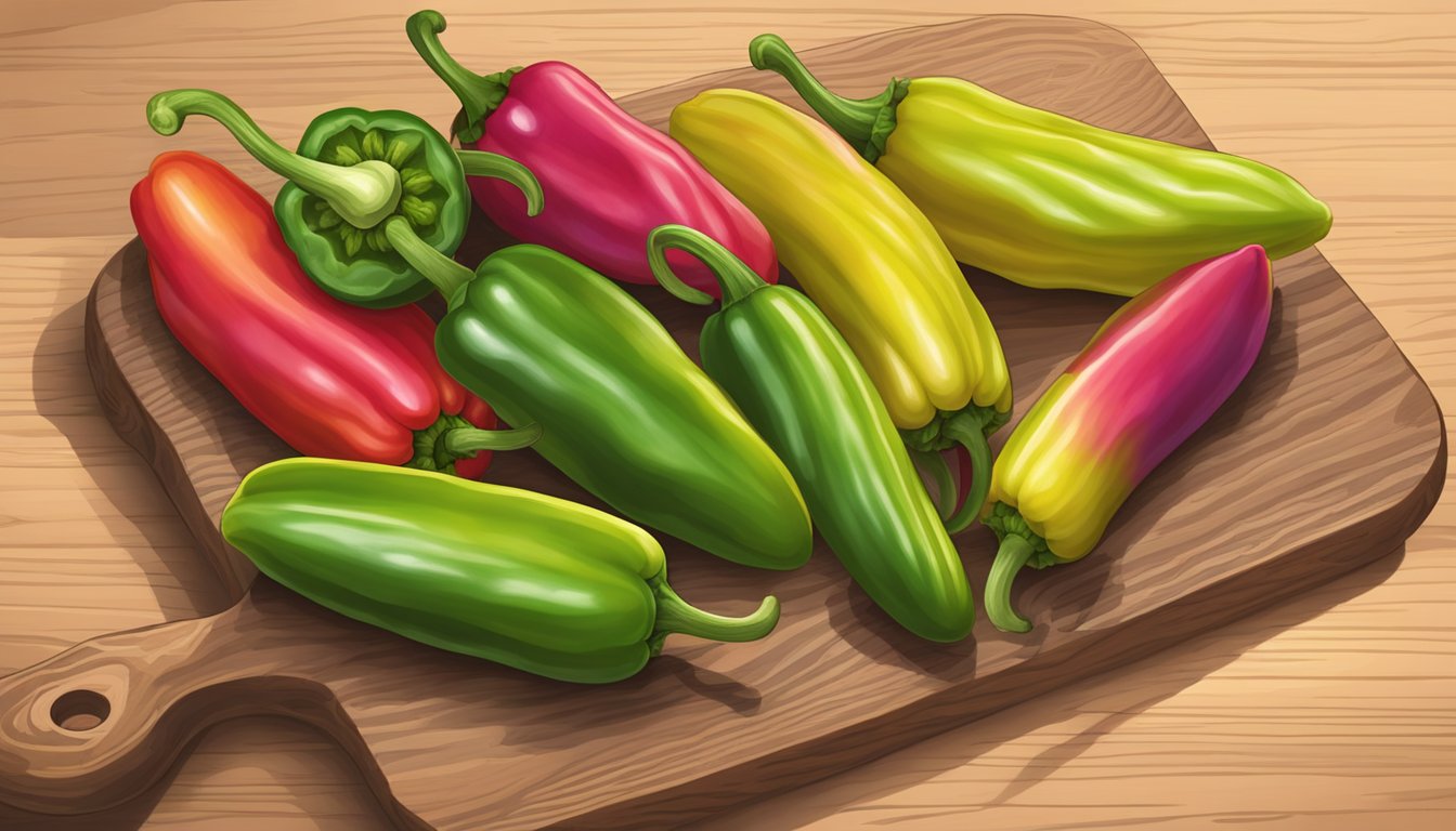 A colorful array of cubanelle peppers, varying in size and shape, arranged on a wooden cutting board