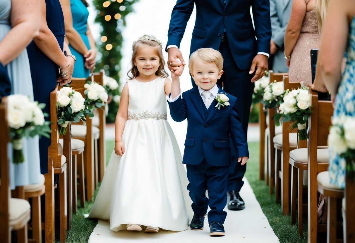 A child stands beside a bride, holding her hand and smiling as they walk down the aisle together