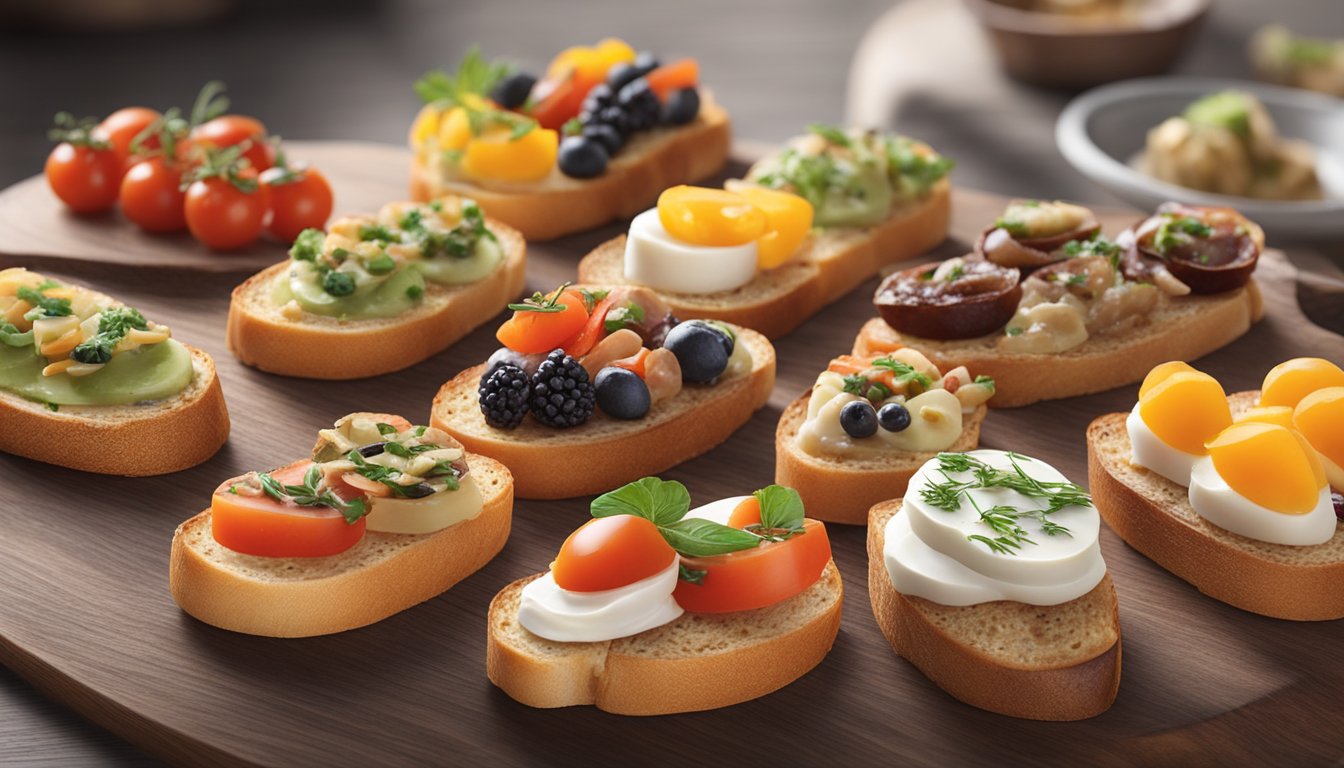 A variety of crostini with different toppings and variations displayed on a wooden serving board