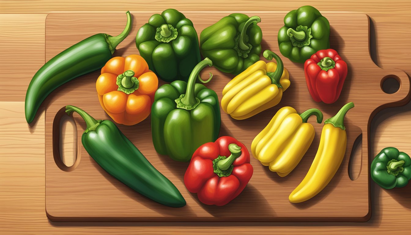 A colorful array of bell peppers, banana peppers, and poblano peppers on a wooden cutting board