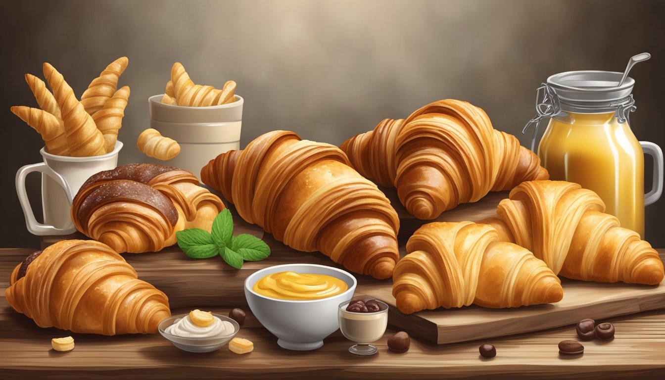 A display of various croissants and fillings arranged on a rustic wooden table