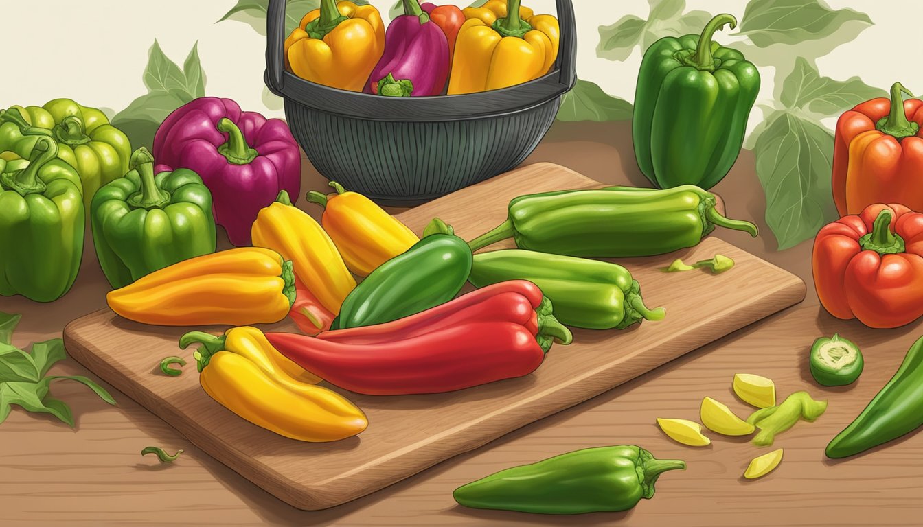 Fresh cubanelle peppers being replaced with colorful bell peppers in a cutting board scene