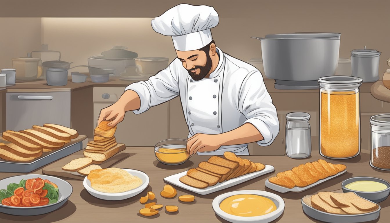 A chef arranging various ingredients and spreads on small pieces of toasted bread for crostino substitutes