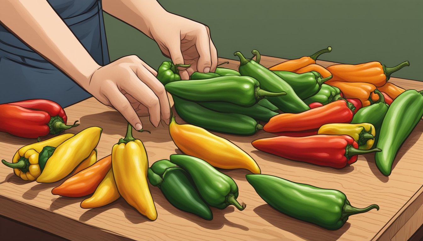 A hand reaching for cubanelle peppers among various types of peppers on a wooden cutting board